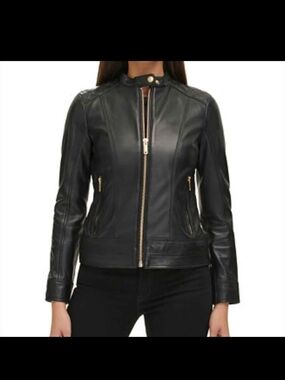 Guess Black Leather Moto Zip Jacket